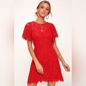 Lulus Pearson Red Lace Short Sleeve Dress - M